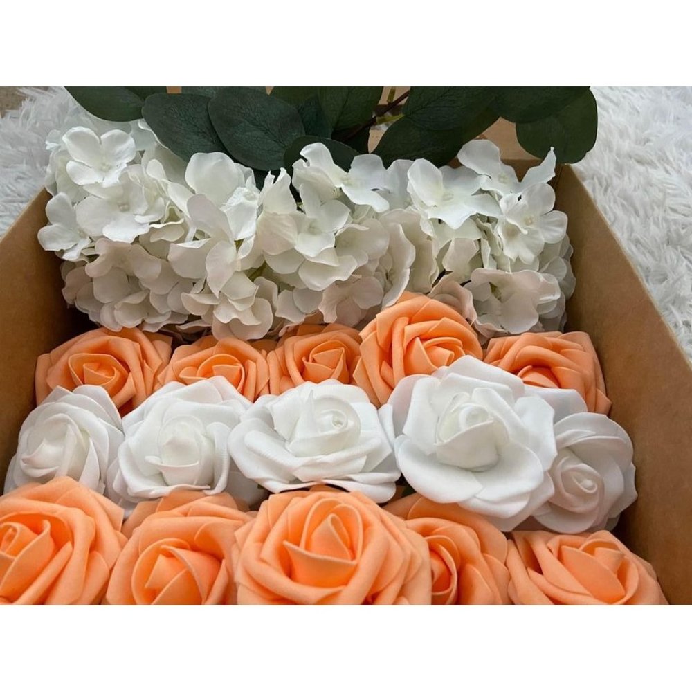 25 count | White Hydrangeas Orange Roses Eucalyptus Wedding Bouquet Centerpiece